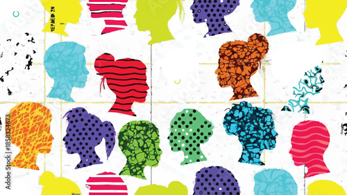 Colorful Diverse Children Head Silhouettes with Textured Patterns Illustration isolated PNG with Transparent Background