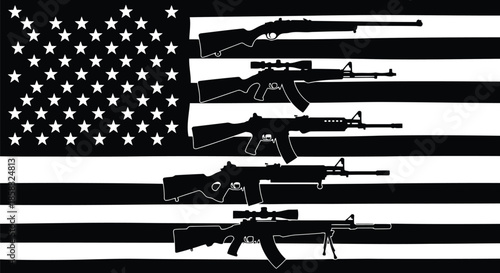 American flag with various rifles and guns in black and white stripes and stars