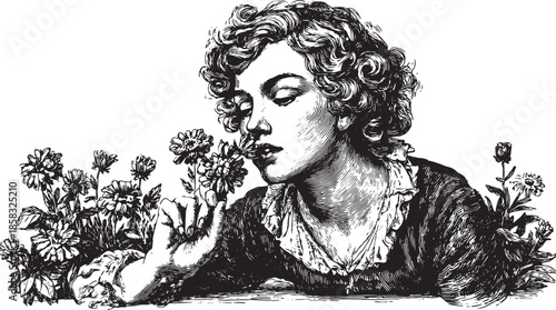 Vintage engraving illustration of a woman holding a flower. Detailed black-and-white vector illustration with floral elements enhancing the beauty of the portrait.