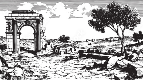 Historic arch ruins in a scenic landscape. Black and white vector illustration showcasing details of ancient structures and surrounding nature.
