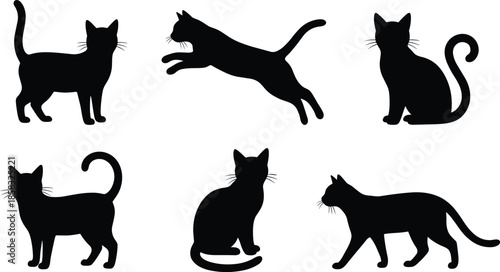 Black cat silhouettes set showing various feline poses vector illustration for pet design projects isolated on white background modern style