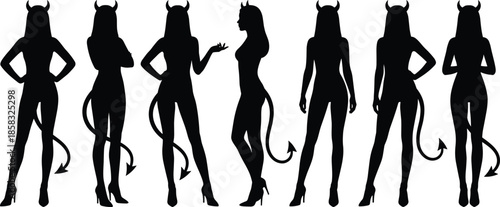 Devil woman silhouettes set with horns and tails, sexy fantasy female figures, black vector illustration isolated on white background design