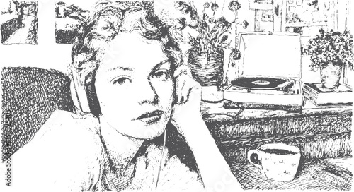 Girl with headphones listening to a record in a vintage interior. Black and white vector illustration of a relaxed setting with coffee and plants.