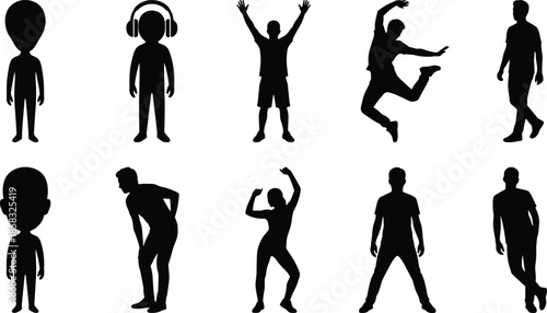 Dynamic people silhouettes set with dancing jumping standing poses black vector illustration for fitness sports lifestyle design projects templates creative