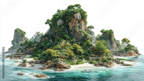 Lush, rocky islands with dense greenery jut out from turquoise waters. Sunlight bathes the scene, creating a vibrant coastal landscape