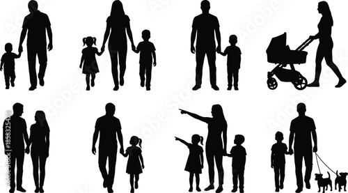 Family silhouettes set showing parents and children walking together, black vector illustration for lifestyle parenting and social design projects templates