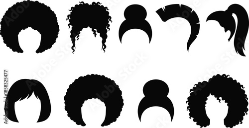 Female hairstyle silhouettes set with curly bun ponytail bob styles black vector illustration isolated on white background design modern collection