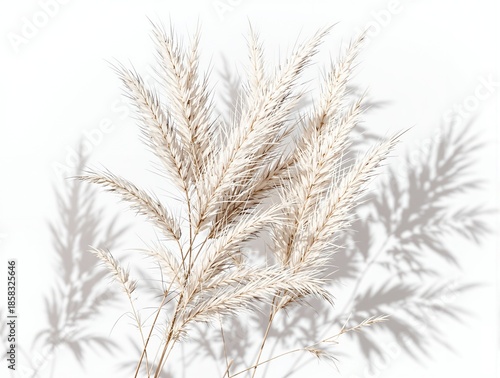 Pampas Grass Branches with Shadows on White Background.