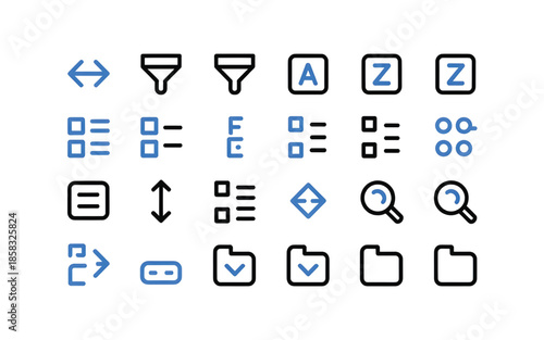 A set of outline (line) icons, featuring a dark stroke with a light blue fill used in some variations, representing various interface controls for lists, data filtering, and file management.