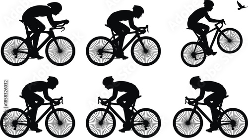 Road cycling silhouettes set showing professional cyclists racing, black vector illustration for sport fitness design projects isolated on white background