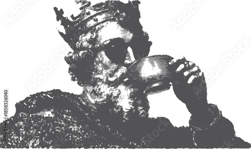 King with a crown sipping a beverage. Detailed vintage portrait vector illustration in black and white.