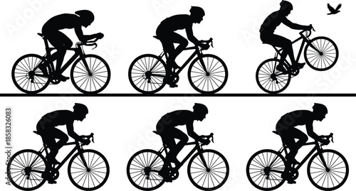 Road cycling silhouettes set with professional cyclists racing, black vector illustration for sport fitness design projects isolated on white background
