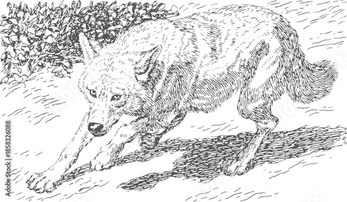 Coyote in detailed drawing style. Realistic black and white vector illustration emphasizing fur and anatomy in a natural landscape.