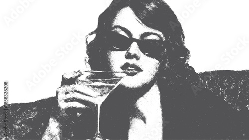 Vintage woman with cocktail in glasses. Elegant black and white vector illustration reflecting style and sophistication.