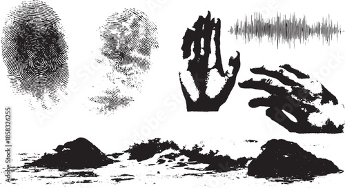 Fingerprint and hand illustrations with a waveform graphic. Black and white vector illustration showcases abstract shapes and textures in a cohesive set.