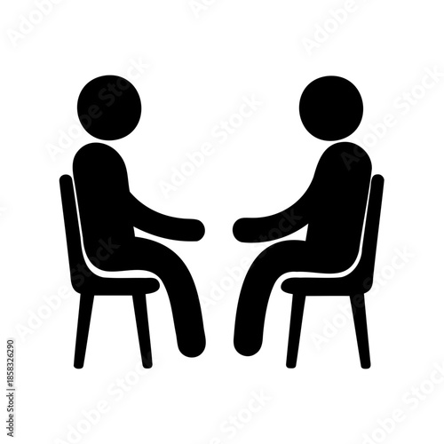 Two stylized people sitting in chairs, facing each other, in conversation