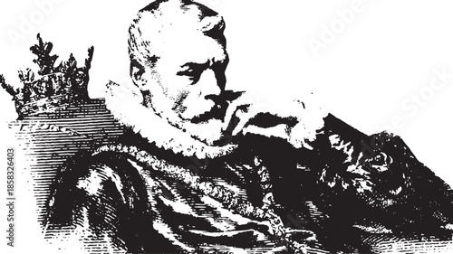 King portrait in vintage style. Detailed black and white vector illustration showcasing regal attire and refined features.