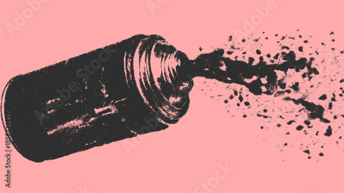 Salt container spraying grains in a vector illustration. Simple and modern kitchen graphic with a black and pink color scheme, showcasing the ingredient set.