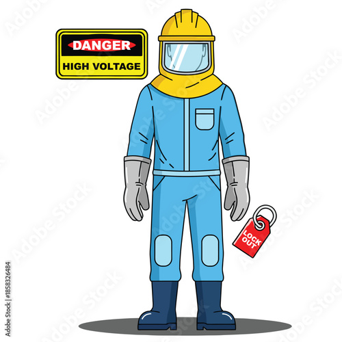 Full-body illustration of a worker in a blue protective suit, yellow hard hat, clear face shield, grey gloves, and dark boots, standing with safety signs
