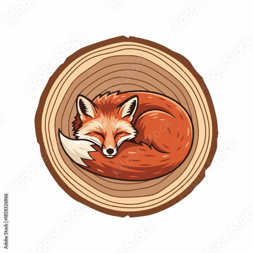 Cute sleeping fox curled up on a tree stump.