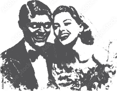 Couple portrait in black and white, showcasing a joyful moment. Elegant vintage vector illustration of a man in a suit and a woman in a gown.