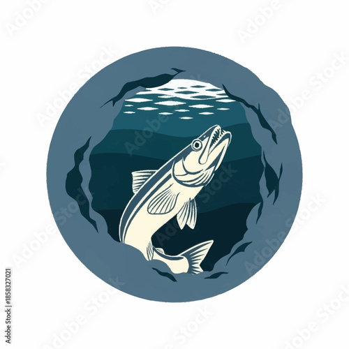 Dynamic salmon leaping from water in a circular frame.