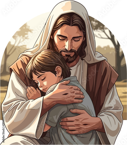 The loving embrace of Jesus comforting a child with divine warmth