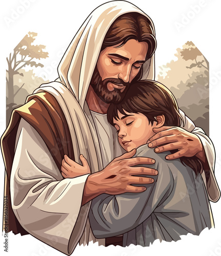 Jesus lovingly embracing a child offering comfort and divine protection