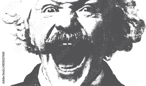 Man's face showing intense expression with mouth open. Black and white vector illustration featuring a simple design with emotional impact.