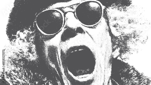 Man with sunglasses expressing loud emotions in a bold graphic design. Black and white vector illustration with pop art aesthetics.