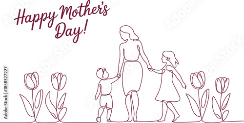 Happy Mothers Day minimalist line art illustration of mother with children floral background modern flat design pastel greeting card