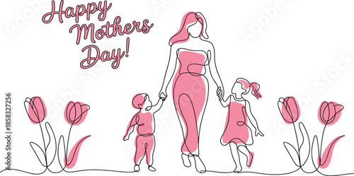 Happy Mothers Day minimalist line art illustration of mother with children floral background modern flat design pastel greeting card