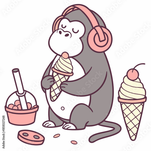 Charming SVG of a Bashful Gorilla featuring wearing headphones, styled in a Ice cream party theme with Scoops & Swirls hues