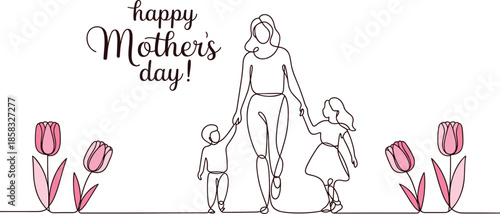 Happy Mothers Day minimalist line art illustration, mother holding children hands, floral background, family love concept, modern greeting design