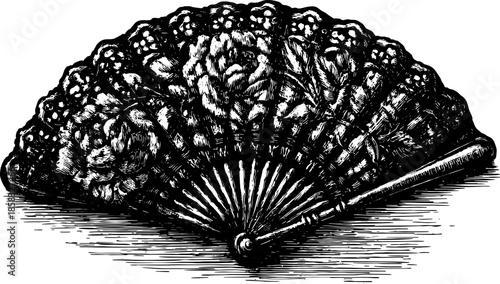 Antique fan vector illustration featuring detailed hand-drawn floral designs. A vintage engraving in black outline style for decorative purposes.