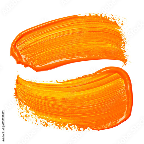 Two vibrant orange paint strokes, textured and separated on a black background, with white edges