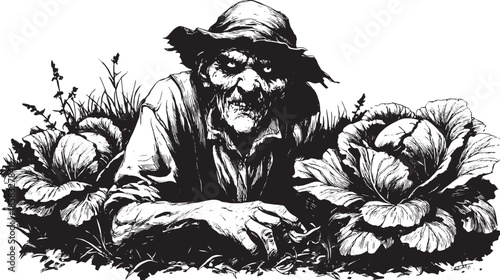 Farmer tending to cabbages in a vintage black-and-white vector illustration. Detailed rustic character in a lush garden set.