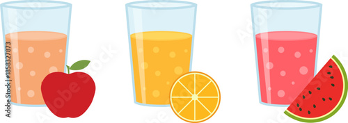 A glass of fresh juice, orange juice, apple juice, watermelon juice, juice glass icon. Vector, cartoon illustration, poster, postcard.