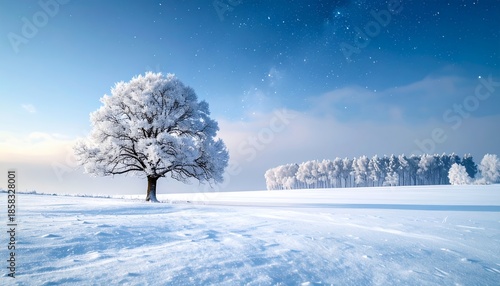 Winter Wonderland - Solitary Tree in a Snow-Covered Field Under a Clear Blue Sky.