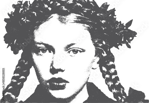 Monochrome girl portrait vector illustration. Black and white art featuring a braided hairstyle and dramatic expression set in a creative design.