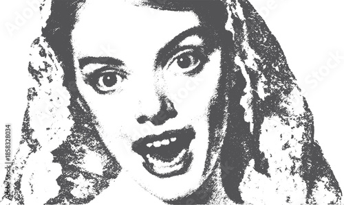 Vintage woman portrait in striking black and white. Detailed hair and scarf featured in an artistic vector illustration.