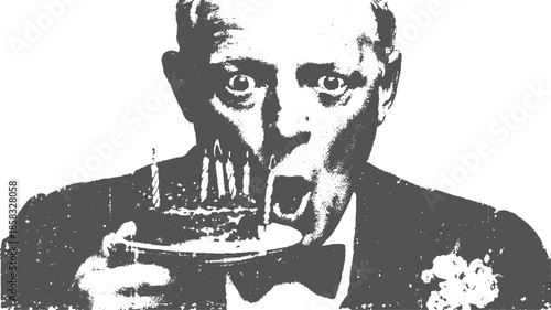 Man in tuxedo holding a cake with candles. Black and white vintage vector illustration captures a surprised expression during a celebration set.