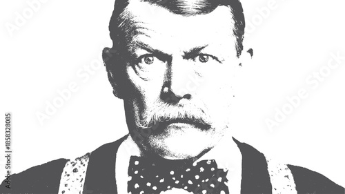 Vintage man portrait in monochrome style. Features a serious expression with a bowtie and mustache. Retro vector illustration showcasing classic details.