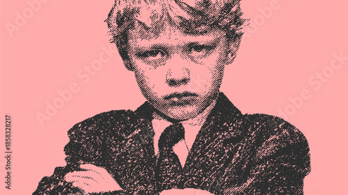 Boy in a suit with a serious expression on a pink background. A simple and stylized vector illustration.