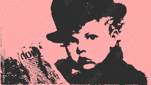 Vintage boy portrait with a newspaper and hat. Simple black and white vector illustration featuring a historical look.