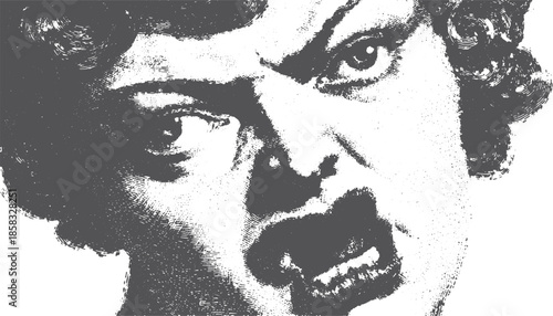 Angry woman face showcasing intense expression in vintage style. Striking black and white vector illustration with fine details.