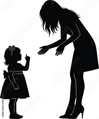 Silhouette, woman guiding child, pointing gesture, black vector, teaching moment, care and connection, childhood learning, emotional bond, outdoor scene, nurturing pose