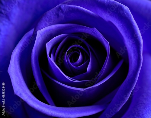 A close-up view presents the velvety texture and intricate spirals of a vibrant, deep violet flower, showcasing its delicate petals