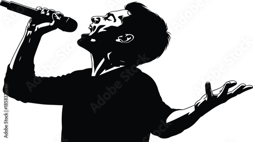 Singer silhouette vector, passionate vocal pose, black illustration, expressive performance, music emotion, microphone art, dramatic gesture, concert energy, stage design