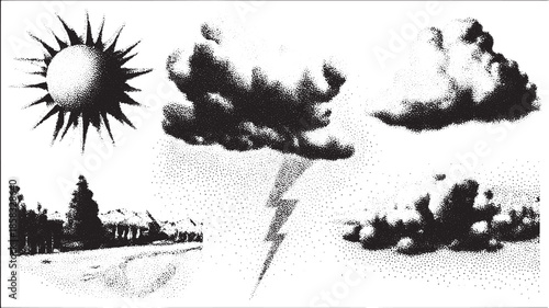 Weather elements in a set featuring a sun, clouds, and lightning. Black and white vector illustration of natural scenery and atmospheric phenomena.